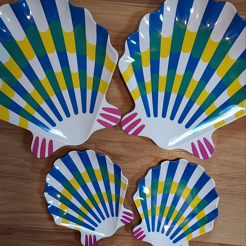 Blue Stripe Taipro Sea Shell Melamine Picnic Platters Plates Beach Set Of 4 Vtg